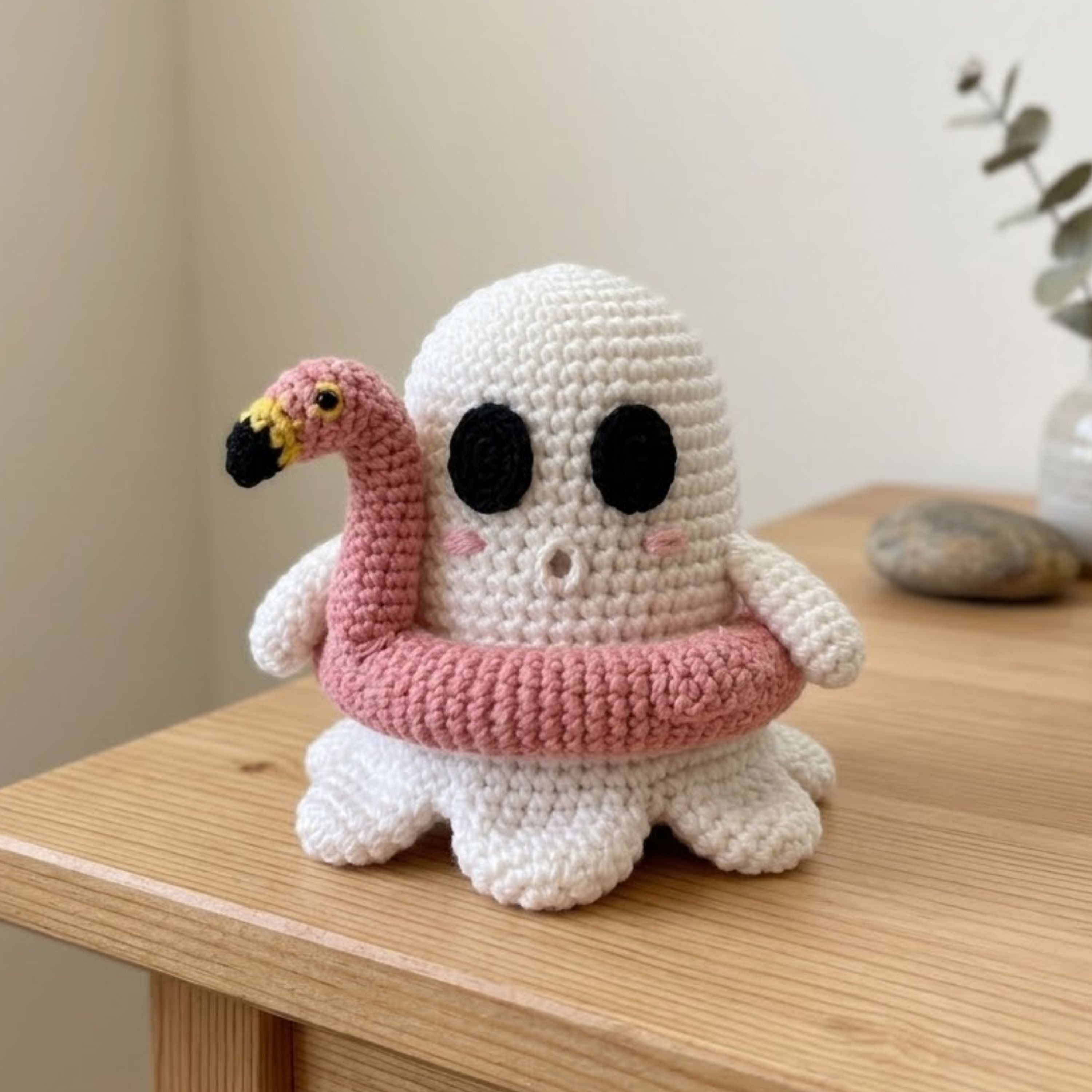 Crochet Ghost Flamingo Plush, Handmade Amigurumi Ghost Doll, Pink Pool Float Halloween Toy, Cute Nursery Decor, Baby Shower Gift, 4-12in Toy