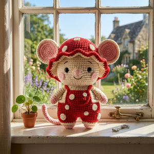 Crochet Red Mushroom Mouse Plush, Handmade Amigurumi Mouse Doll, Red Spotted Nursery Toy, Baby Shower Gift, 4-12in Cute Kid Plushie Soft Toy