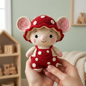 Crochet Red Mushroom Mouse Plush, Handmade Amigurumi Mouse Doll, Red Spotted Nursery Toy, Baby Shower Gift, 4-12in Cute Kid Plushie Soft Toy