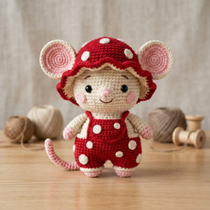 Crochet Red Mushroom Mouse Plush, Handmade Amigurumi Mouse Doll, Red Spotted Nursery Toy, Baby Shower Gift, 4-12in Cute Kid Plushie Soft Toy