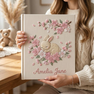 Hand Embroidered Baby Photo Album, Personalized Bunny Baby Book, Custom Name Floral Rabbit Nursery Keepsake, Baby Shower Gift