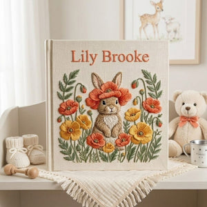 Hand Embroidered Baby Photo Album, Personalized Bunny Baby Book, Custom Name Poppy Flower Rabbit Nursery Keepsake, Baby Shower Gift