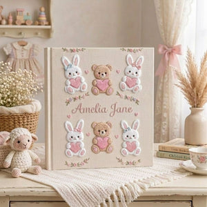 Hand Embroidered Baby Photo Album, Personalized Baby Name Album, Bunny Teddy Bear Memory Book, Baby Shower Gift, Newborn Keepsake