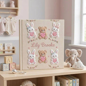Hand Embroidered Baby Photo Album, Personalized Baby Name Album, Bunny Teddy Bear Memory Book, Baby Shower Gift, Newborn Keepsake