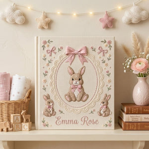 Hand Embroidered Baby Photo Album, Personalized Baby Name Album, Custom Bunny Embroidery Keepsake, Nursery Memory Book, Baby Shower Gift