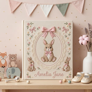 Hand Embroidered Baby Photo Album, Personalized Baby Name Album, Custom Bunny Embroidery Keepsake, Nursery Memory Book, Baby Shower Gift