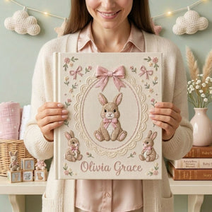Hand Embroidered Baby Photo Album, Personalized Baby Name Album, Custom Bunny Embroidery Keepsake, Nursery Memory Book, Baby Shower Gift