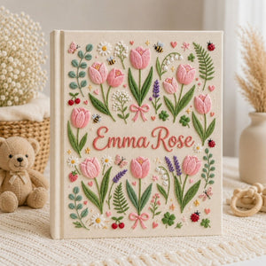 Hand Embroidered Baby Photo Album, Personalized Floral Baby Album, Custom Baby Name Keepsake, Garden Memory Book, Baby Shower Gift
