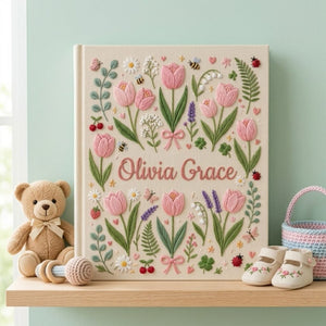 Hand Embroidered Baby Photo Album, Personalized Floral Baby Album, Custom Baby Name Keepsake, Garden Memory Book, Baby Shower Gift