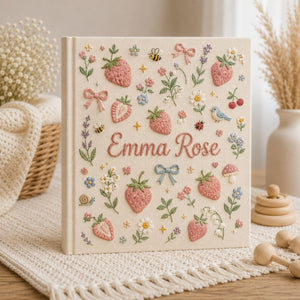 Hand Embroidered Baby Photo Album, Personalized Strawberry Baby Book, Custom Name Kawaii Fruit Garden Nursery Keepsake, Baby Shower Gift