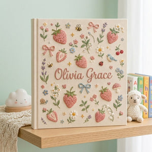 Hand Embroidered Baby Photo Album, Personalized Strawberry Baby Book, Custom Name Kawaii Fruit Garden Nursery Keepsake, Baby Shower Gift