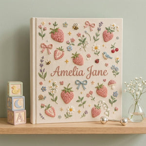 Hand Embroidered Baby Photo Album, Personalized Strawberry Baby Book, Custom Name Kawaii Fruit Garden Nursery Keepsake, Baby Shower Gift