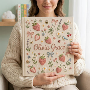Hand Embroidered Baby Photo Album, Personalized Strawberry Baby Book, Custom Name Kawaii Fruit Garden Nursery Keepsake, Baby Shower Gift
