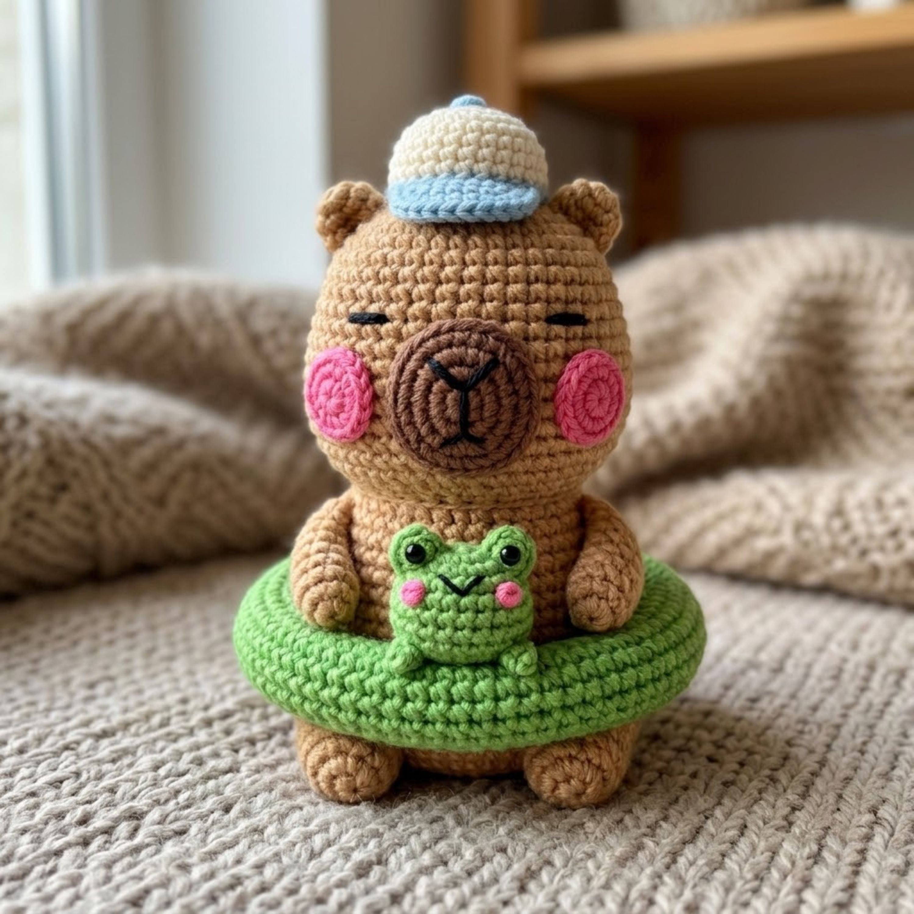 Crochet Capybara Frog Float Plush, Handmade Amigurumi Capybara Doll, Cute Green Pool Ring Nursery Toy, Baby Shower Gift, 4-12in Kids Plushie