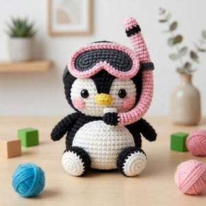 Crochet Snorkel Penguin Plush, Handmade Amigurumi Penguin Doll, Pink Swim Goggles Ocean Nursery Toy, Baby Shower Gift, 4-12in Kids Plush Toy