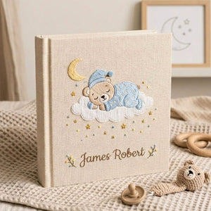 Personalized Baby Photo Album, Hand Embroidered Dinosaur Memory Book, Custom Name Keepsake, Woodland Nursery Gift, Newborn, Baby Shower Gift