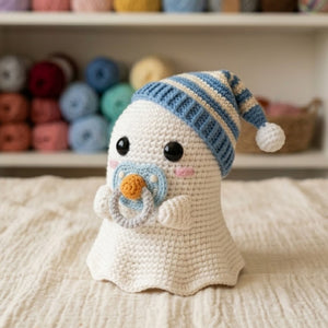 Cute Crochet Baby Ghost Plush with Pacifier, Kawaii Amigurumi Halloween Doll, Handmade Soft Nursery Decor Gift, Sleepy Boo Toy, Sizes 4-12in