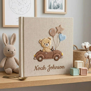 Personalized Baby Photo Album, Hand Embroidered Dinosaur Memory Book, Custom Name Keepsake, Woodland Nursery Gift, Newborn, Baby Shower Gift