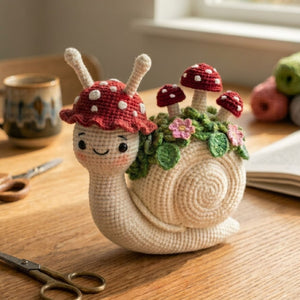 Crochet Mushroom Snail Plush, Kawaii Amigurumi Garden Snail Doll, Handmade Cottagecore Nursery Decor Gift, Woodland Soft Toy Sizes 4-12inch