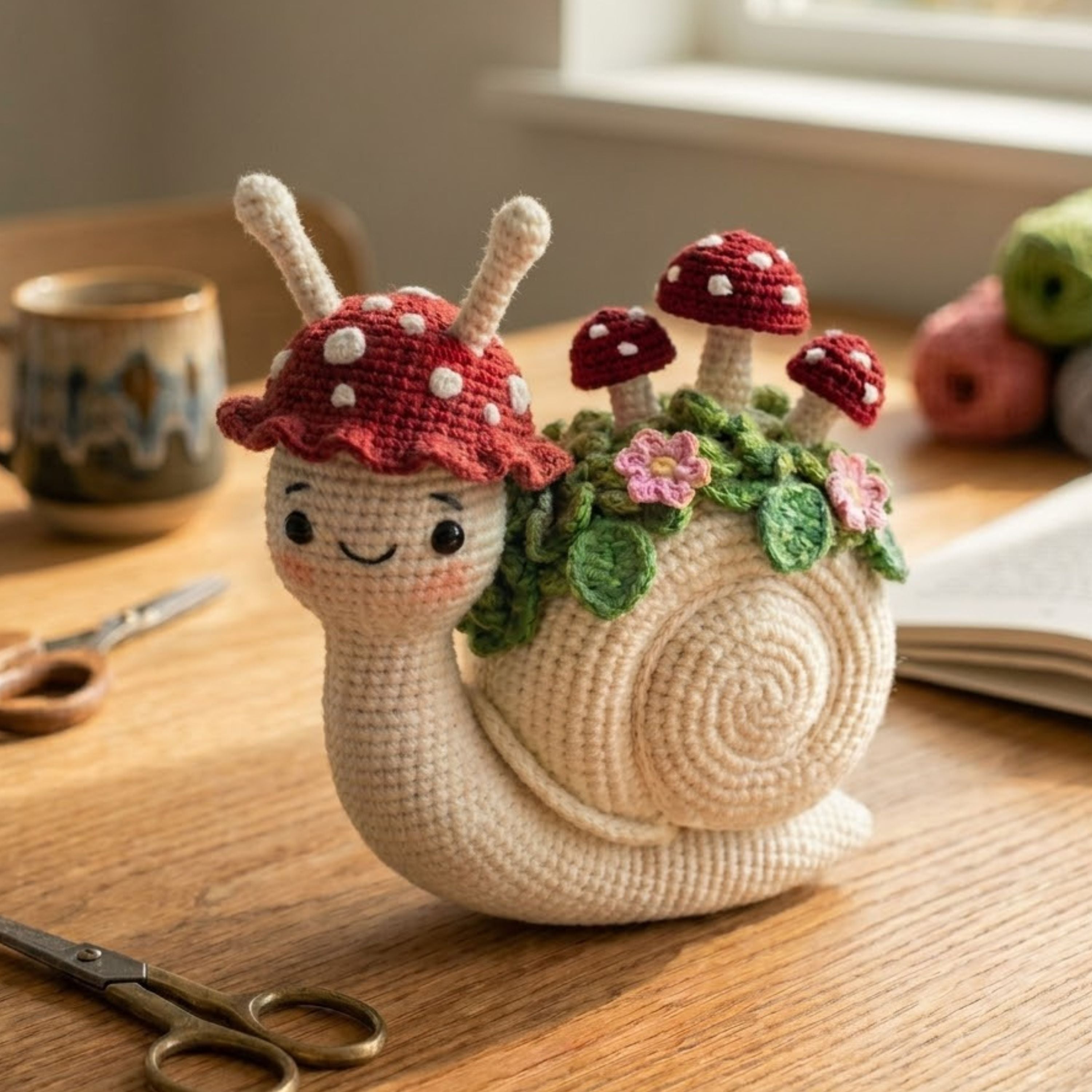 Crochet Mushroom Snail Plush, Kawaii Amigurumi Garden Snail Doll, Handmade Cottagecore Nursery Decor Gift, Woodland Soft Toy Sizes 4-12inch