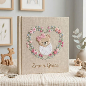Personalized Baby Photo Album, Hand Embroidered Dinosaur Memory Book, Custom Name Keepsake, Woodland Nursery Gift, Newborn, Baby Shower Gift