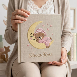 Personalized Baby Photo Album, Hand Embroidered Dinosaur Memory Book, Custom Name Keepsake, Woodland Nursery Gift, Newborn, Baby Shower Gift