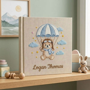 Personalized Baby Photo Album, Hand Embroidered Dinosaur Memory Book, Custom Name Keepsake, Woodland Nursery Gift, Newborn, Baby Shower Gift
