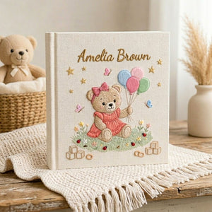 Personalized Baby Photo Album, Hand Embroidered Dinosaur Memory Book, Custom Name Keepsake, Woodland Nursery Gift, Newborn, Baby Shower Gift