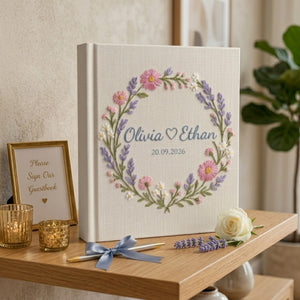 Personalized Hand Embroidered Floral Linen Wedding Photo Album, Custom Name Guest Book, Anniversary Gift for Couple, Bridal Shower Keepsake