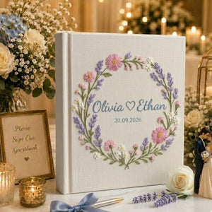 Personalized Hand Embroidered Floral Linen Wedding Photo Album, Custom Name Guest Book, Anniversary Gift for Couple, Bridal Shower Keepsake