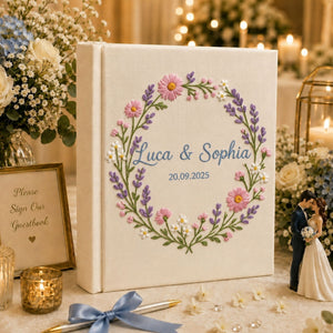Personalized Hand Embroidered Floral Linen Wedding Photo Album, Custom Name Guest Book, Anniversary Gift for Couple, Bridal Shower Keepsake