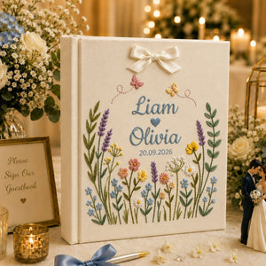 Personalized Wildflower Embroidered Wedding Photo Album, Custom Name Wedding Guest Book, Anniversary Gift for Couple, Bridal Shower Keepsake