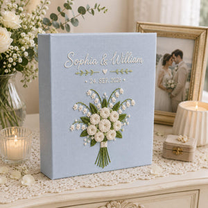 Personalized white rose bouquet hand embroidered photo album with custom names and wedding date on blue linen cover