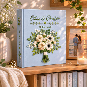 Personalized bridal bouquet hand embroidered photo album with custom names and wedding date on linen cover