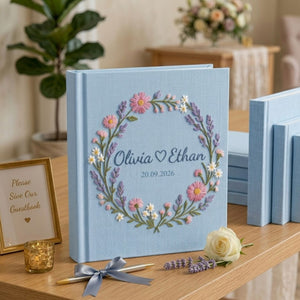 Personalized wildflower wreath hand embroidered photo album with custom names and wedding date on linen cover