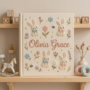 Hand Embroidered Baby Photo Album, Personalized Bunny Baby Album, Custom Name Memory Book, Floral Keepsake, Baby Shower Gift, Nursery