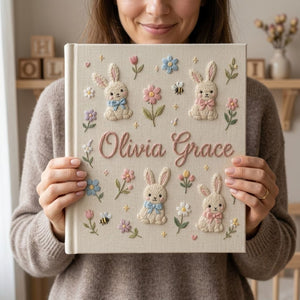 Hand Embroidered Baby Photo Album, Personalized Bunny Baby Album, Custom Name Memory Book, Floral Keepsake, Baby Shower Gift, Nursery