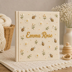 Hand Embroidered Baby Photo Album, Personalized Bee Baby Album, Custom Name Memory Book, Daisy Keepsake Gift, Nursery Decor