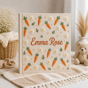 Hand Embroidered Baby Photo Album, Personalized Carrot Baby Album, Custom Name Memory Book, Daisy Keepsake, Baby Shower Gift, Nursery