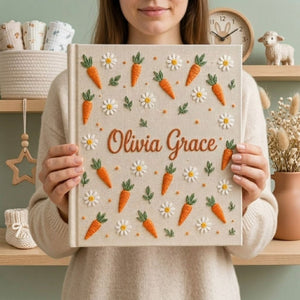 Hand Embroidered Baby Photo Album, Personalized Carrot Baby Album, Custom Name Memory Book, Daisy Keepsake, Baby Shower Gift, Nursery