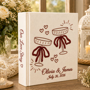 Custom Hand Embroidered Wedding Photo Album, Embroidered Champagne Glass Cake Linen Guest Book, Rustic Wedding Keepsake, Bridal Shower Gift