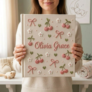 Hand Embroidered Baby Photo Album, Personalized Baby Album, Custom Baby Name Album, Cherry Floral Memory Book, Baby Shower Gift, Newborn Keepsake, Nursery Decor, First Year Photo Book