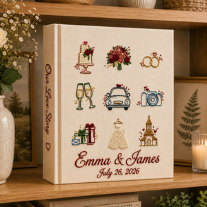 Personalized Hand Embroidered Wedding Photo Album, Embroidered Linen Cake Bouquet Guest Book, Rustic Wedding Keepsake, Bridal Shower Gift