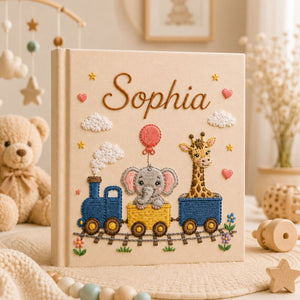 Custom Hand Embroidered Safari Baby Photo Album, Personalized Rainbow Animal Memory Book, Lion Elephant Giraffe Baby Book, Baby Shower Gift