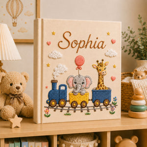 Custom Hand Embroidered Safari Baby Photo Album, Personalized Rainbow Animal Memory Book, Lion Elephant Giraffe Baby Book, Baby Shower Gift