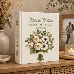Personalized bridal bouquet hand embroidered photo album with custom names and wedding date on linen cover