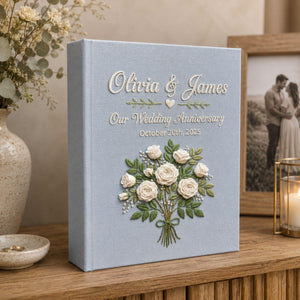 Personalized white rose bouquet hand embroidered photo album with custom names and wedding date on blue linen cover
