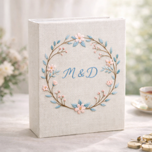 Personalized floral wreath hand embroidered photo album with custom initials on linen cover
