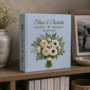 Personalized bridal bouquet hand embroidered photo album with custom names and wedding date on linen cover