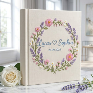 Personalized wildflower wreath hand embroidered photo album with custom names and wedding date on linen cover